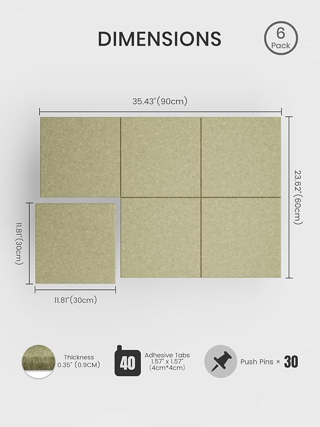 Bumusty Large Cork Board 36"x24" Alternative - 6 Pack Felt Wall Tiles with 40 Safe Removable Adhesive Tabs, 30 Pushpins, Cork Boards for Walls Pin Board Bulletin Board Office Decor (Olive Green)