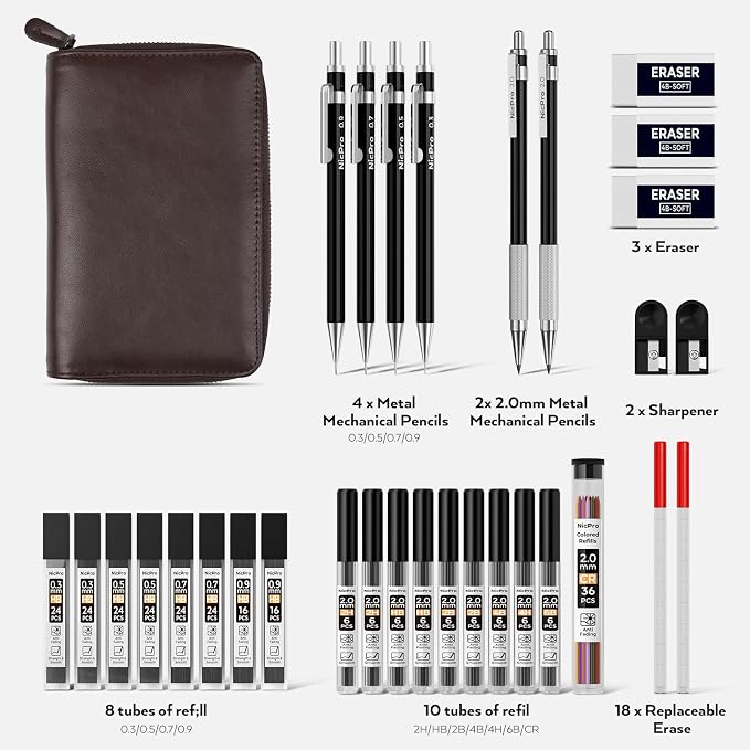 Nicpro 33PCS Black Metal Mechanical Pencil Set in Leather Case, Art Drafting Pencil 0.3, 0.5, 0.7, 0.9 mm, 2mm Lead Holders for Sketching Drawing With 18 Tube (6B 4B 2B HB 2H 4H Colors) Lead Refills
