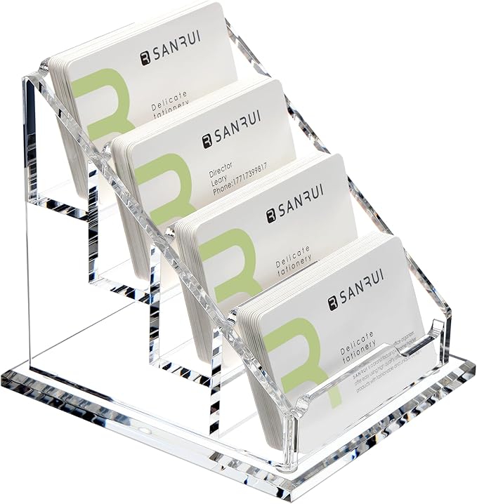 YUXUN Business Card Holder for Desk Clear Acrylic Business Cards Display Stand Name Card Holder Case Organizes 200 Cards-4 Slot 4 Tier 1 Pack(4 slot-H)