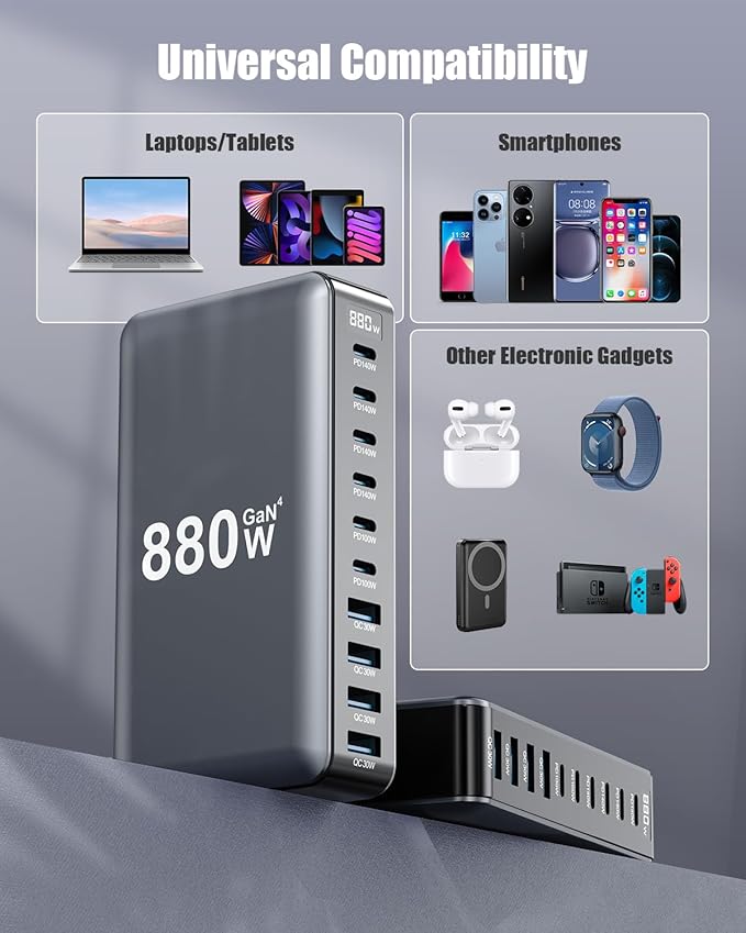 880W USB C Charger Block,10-Port USB C Charging Station GaN IV Travel Essentials Multiple Port Charging Station,100W Laptop Fast Charger Adapter for MacBook Pro/Air,DELL,iPad,iPhone,Samsung Galaxy