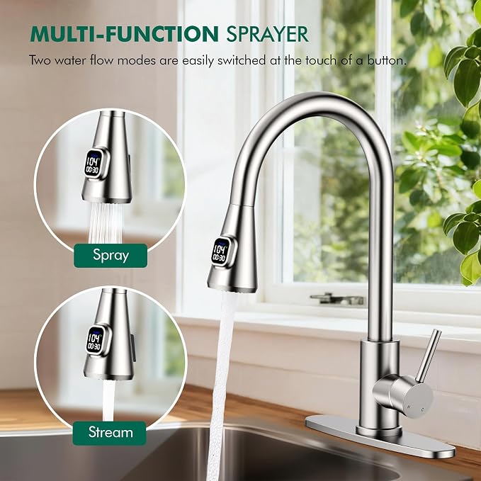 HOMELODY Upgraded Filter Water Kitchen Faucet with Pull Down Sprayer - LED Temperature Display Kitchen Faucets 1 Or 3 Hole Kitchen Sink Faucet for Remove Lead, Chlorine, Bad Taste & Odor