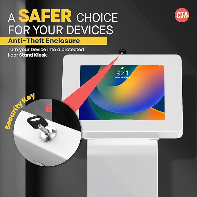 Locking Stand Kiosk – CTA Premium Small Locking Support Base Kiosk with Steel Body and Heavy-Duty Security Enclosure - iPad mini A17 Pro & 1/2/3/4/5/6 - Samsung Tab A 8″