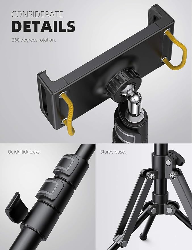 Lamicall Tablet Floor Tripod Stand - 64.9" Tablet Holder Mount with Adjustable Height for Stream/Watching with Bluetooth Remote, for iPad Pro 12.9, Mini, Air, iPhone and 4.7-13" Tablet and Cellphone