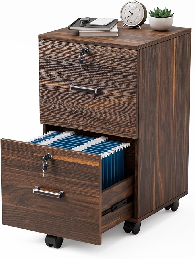 VINGLI 2 Drawer File Cabinet with Lock, Wood Dark Brown File Cabinets for Letter Size File Folders with Tabs, Under Desk Rolling Filing Cabinet for Home Office, Mobile File Organizer Printer Stand