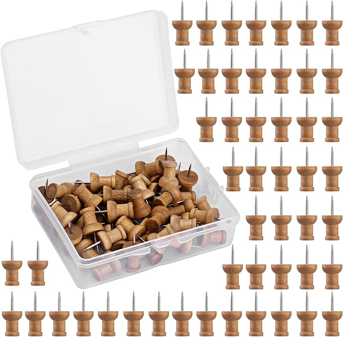 50 Pcs Wooden Push Pins, Decorative Thumb Tacks, Push Pins for Cork Board Head Pin Wood Map Tacks Marking Pin, Wood Thumb Tacks Decorative for Bulletin Boards Craft Projects with Storage Box, Coffee