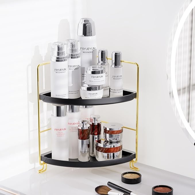 FSyueyun 2-Tier Corner Bathroom Counter Organizer, Tool-Less Installation Vanity Shelf Small Plastics Countertop Makeup Tray Skincare Perfume Organizers (Gold & Black)