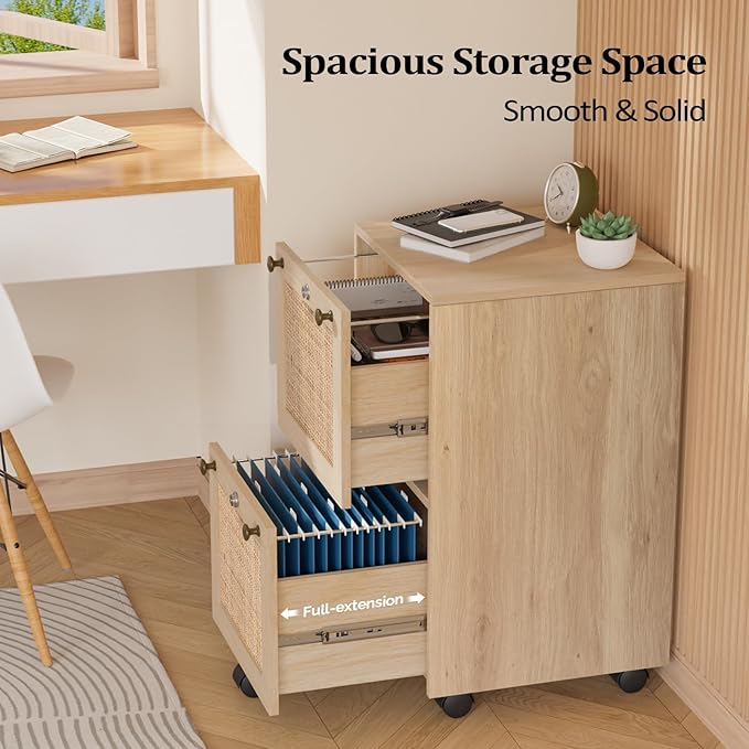 VINGLI 2 Drawer File Cabinet with Lock, Rolling File Cabinets for Home Office, Small Printer Stand, Wood Rattan Oak File Organizer, Under Desk Filing Cabinet on Wheels for Folders with Tabs