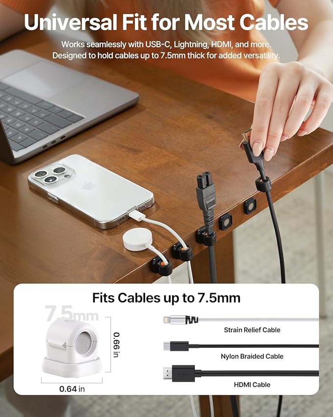 6 Pack Sinjimoru Magnetic Cable Clips, Compact Size Cord Organizer & Cable Management for Desk, Nightstand & Car, Fits up to 7.5mm Cables, White