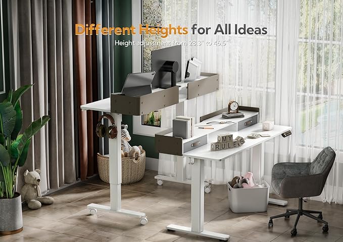 Claiks Standing Desk with Drawers, Stand Up Electric Standing Desk Adjustable Height with Storage Shelf and Splice Board, 48 Inch, White