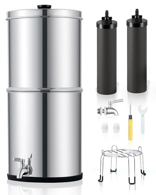 2.25 Gal Gravity Fed Water Filter System - Countertop Stainless Steel Countertop Water Filtration System, Gravity Water Purifier with 2 Carbon Filters NSF/ANSI 42 Certification