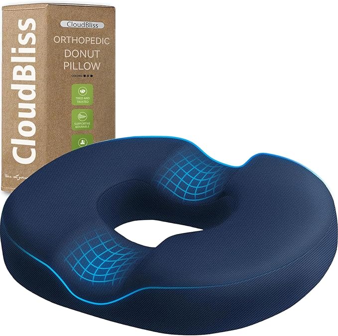 CloudBliss Donut Pillow Seat Cushion for Tailbone Pain Relief and Hemorrhoids, Memory Foam Seat Chair Cushion for Postpartum Pregnancy, Seat Cushions for Men and Women for Home & Office, (Blue-XL)
