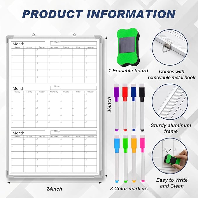 Lincia 36" x 24" Magnetic Vertical 3 Month Dry Erase Calendar for Wall Undated Horizontal Dry Erase Wall Calendar Planner Aluminum Frame Whiteboard for Home Office Projects Wall Fridge