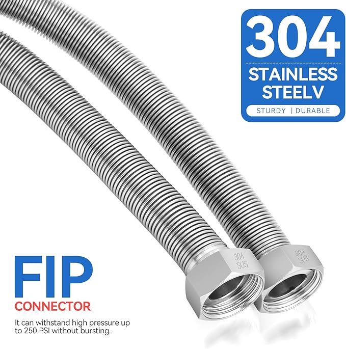 24 Inch Flexible Stainless Steel Corrugated Water Heater Connector Kit,3/4" FIP x 3/4" FIP,304 Stainless Steel Flexible Line & EPDM Seal Rings for Tankless Water Heater,Water Softener,RV,Boiler(2PCS)