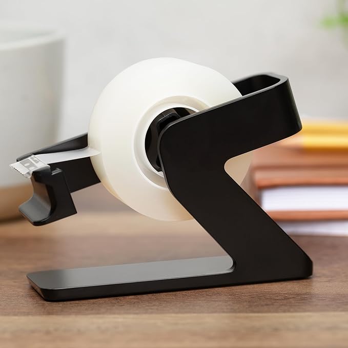 ELYPRO Modern Tape Dispenser for Office Desk - Elegant and Minimalist Design, Heavy Metal Made, Space-Saving, Perfect for Office & Home Use or as a Stylish Gift - Bonus Tape Roll Included (Black)