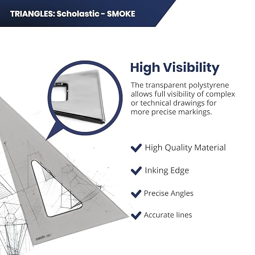 Pacific Arc's Scholastic Triangle - 8 inch - Smoke - 30/60 Angle - Polystyrene - Inking Edge - Technical Drawing Tools, Drafting, Architect and Engineering.