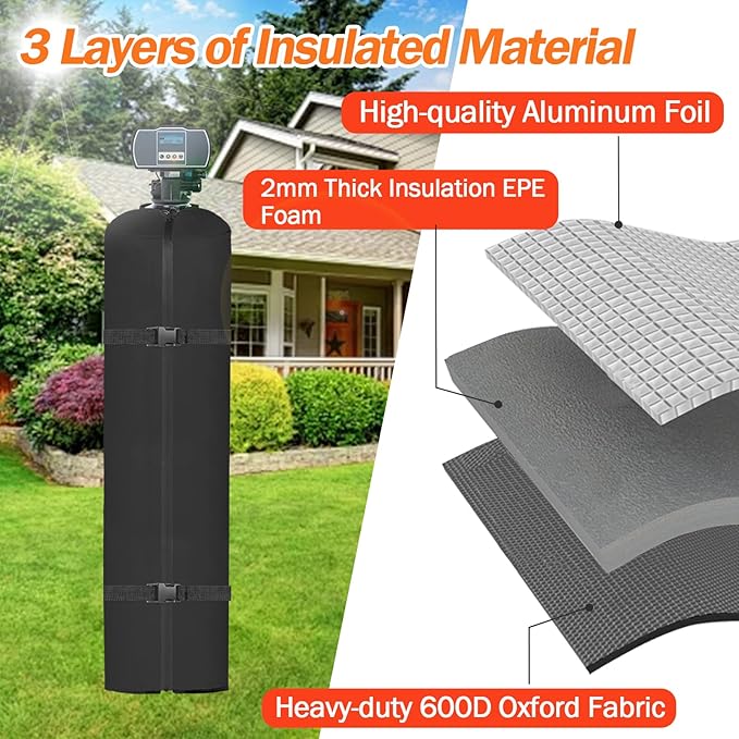 SUNICO Outdoor Water Softener Insulation Cover, 12''D x 52''H, Black | Heavy duty 3-layer insulated cover for outdoor water softener, waterproof zipper, UV & freeze protection, windproof