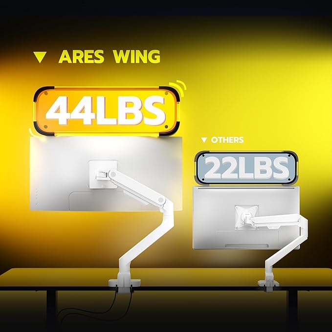 ARES WING Ultrawide Monitor Arms White with USB A/C, Heavy Duty Monitor Arm for 17 to 49 inch Screen, Holds 44 lbs, Adjustable Gas Spring Desk Mount with Clamp and Grommet Base