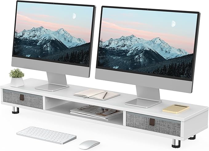 Fenge Dual Monitor Stand with 2 Drawers, 42.5 Inches Large Computer Riser for Desk, Adjustable Height Desk Shelf with Storage for Laptop, PC, TV, Printer