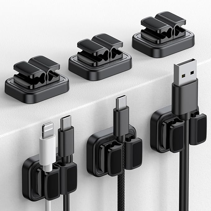 Lamicall 6Pack 3-in-1 Cord Spring Clip Holder - Small Clips for Desk Cable Organizer, Adhesive Adjustable Cable Holder for Charger Wire, USB Cord, Office, Car, Cord Management, Desk Accessories