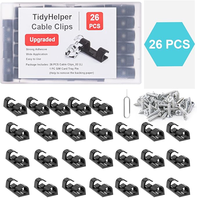 Wire Clips Black (Large, 26PCS), Heavy Duty Extension Cord Clips for Wall, Adhesive Cable Clips Wire Holders for Electric Wires, Powre Cable, PC, Ethernet, TV-Coax, LED Light Clips