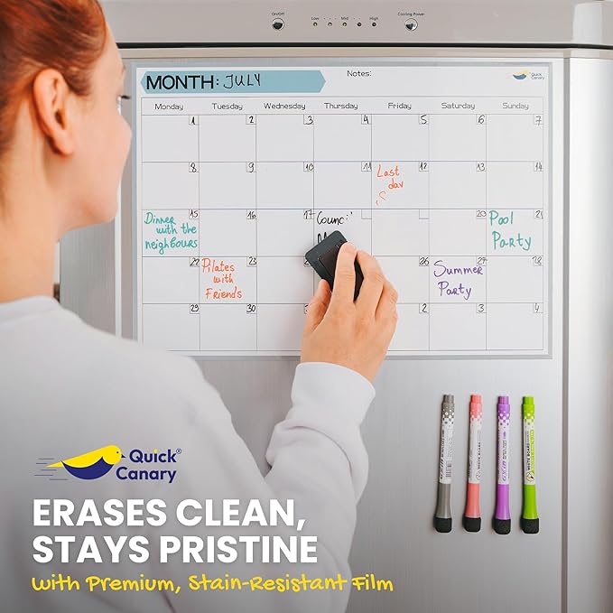 Monthly Magnetic Calendar for Refrigerator - 17x12” Stain-Resistant Dry Erase Fridge Calendar Whiteboard with Large Writing Space for Schedules, Chores & Meals - With 4 Markers & Eraser - Monday Start