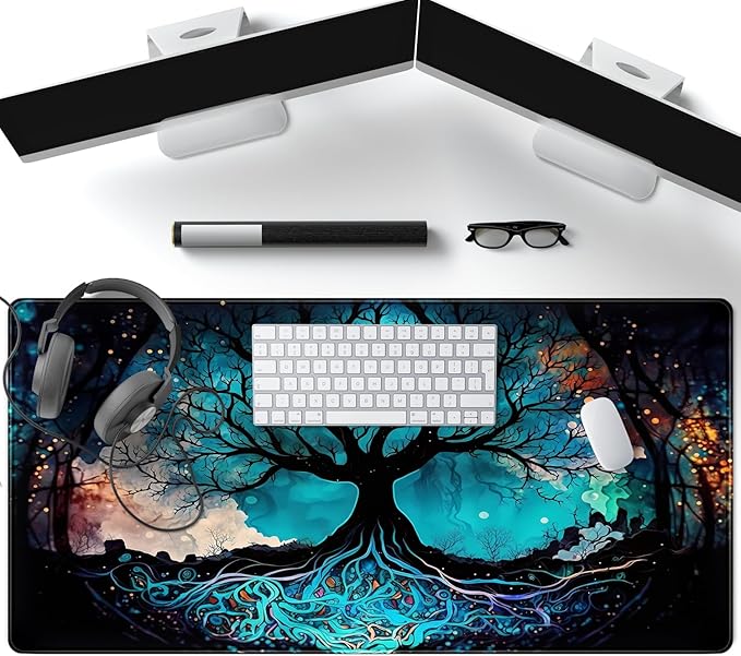Vintage Blue AI Original Desk Mat Life Tree Aesthetics Desk Pad Large Flower Mouse Pad XXL Plant Mousepad Extended Laptop Computer Keyboard Mat Office Desk Decor 31.5x15.8 in-with Stitched Eges