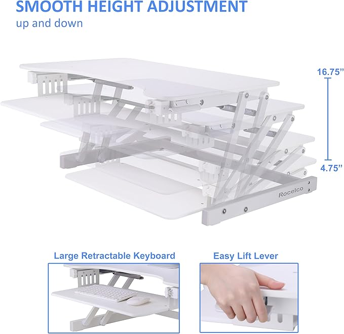 Rocelco 32" Height Adjustable Standing Desk Converter with Anti Fatigue Mat BUNDLE | Sit Stand Up Dual Monitor Riser | Computer Workstation | Large Retractable Keyboard Tray | White (R ADRW-MAFM)