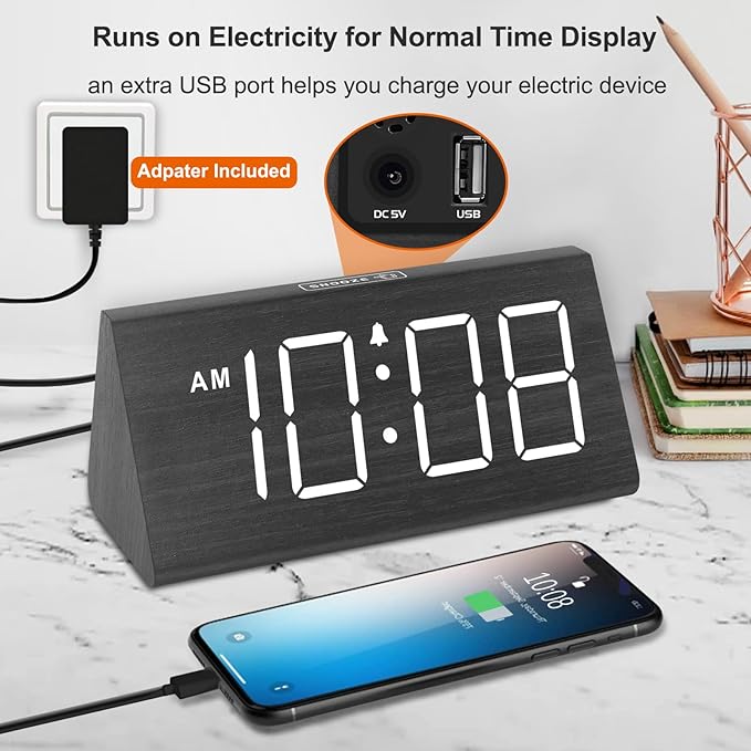 DreamSky Wooden Digital Alarm Clocks for Bedrooms - Electric Desk Clock with Large Numbers, USB Port, Loud Alarm for Heavy Sleepers, Adjustable Volume, Dimmer, DST, Wood Décor Gifts, Adapter Powered