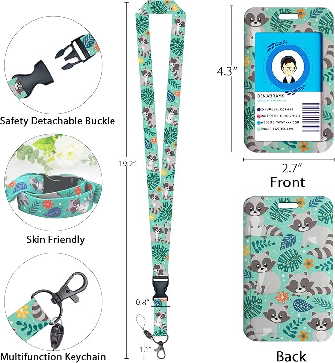 Raccoon Lanyards for Id Badges, Cute Badge Reel Heavy Duty with Carabiner Clip, Fashionable ID Badge Holder with Breakaway Lanyard, Teacher Nurse Office Christmas Gifts