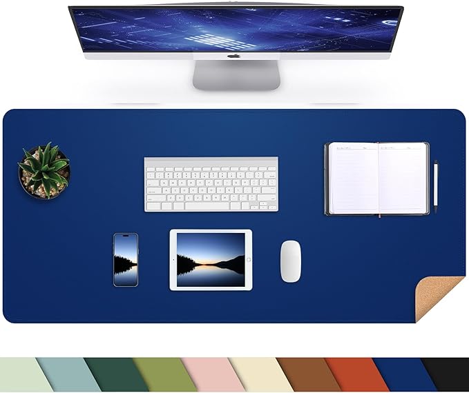 Desk Mat,35.4" x 17" Leather Desk mat,Double-Sided Desk Pad,Desk matt for Desktop,Large Mouse Pad,Office Desk mat,Waterproof Desk Blotter pad for Office&Home(Sapphire Blue+Cork)