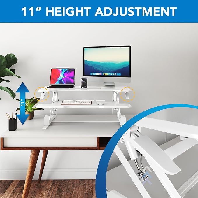 Mount-It! Standing Desk Converter White 38” Wide Height Adjustable Stand Up Desk Riser, Desk Topper with Gas Spring, Desktop Standing Desk with Keyboard Tray Fits Two Monitors