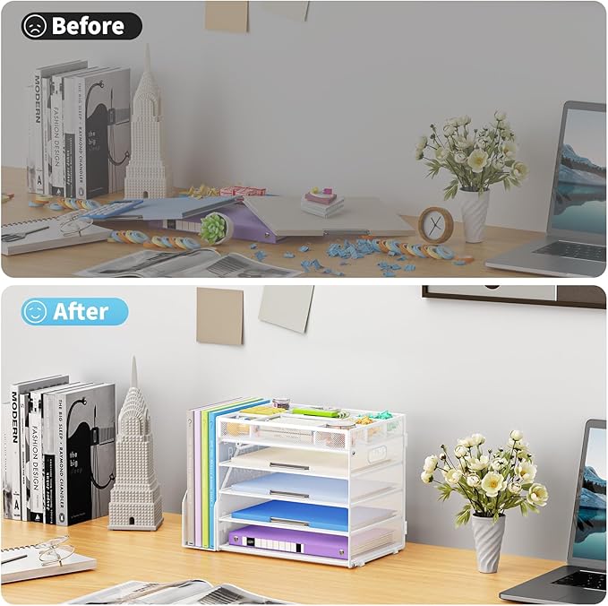 Marbrasse 5-Tier Desk Organizer with File Holder,Paper Letter Tray Organizer,Desktop File Organizer with Adjustable Compartments,Mesh Desk Organizers and Accessories for Office Supplies,White