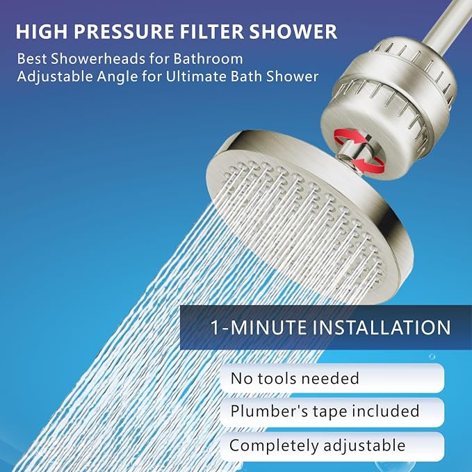 High Pressure Filtered Shower Head Set, 6’’ Rain Shower Filter for Hard Water, Universal Round Showerhead 20 Stage Filtration Removes Impurities for Rejuvenated Skin by Eolax, Brushed Nickel