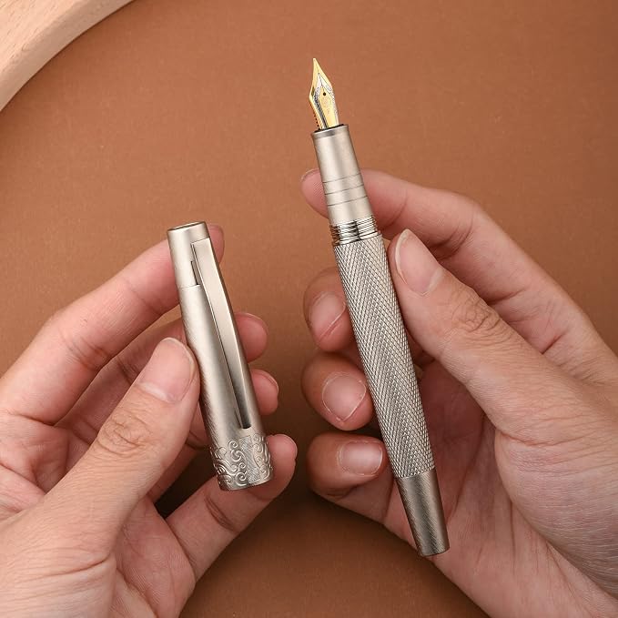 Hongdian 6013 Silver General Fountain Pen, Iridium Gold-silver Fine Nib Solid Metal Writing Pen with Metal Case