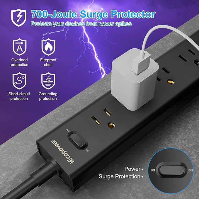 10FT Long Surge Protector Power Strip-with 5 Widely Outlets and 3 USB Ports(1 USB C Port),10 Foot Extension Cord(1250W/10A),Wall Mount for Home Office,700 J,Black(2 Pack)