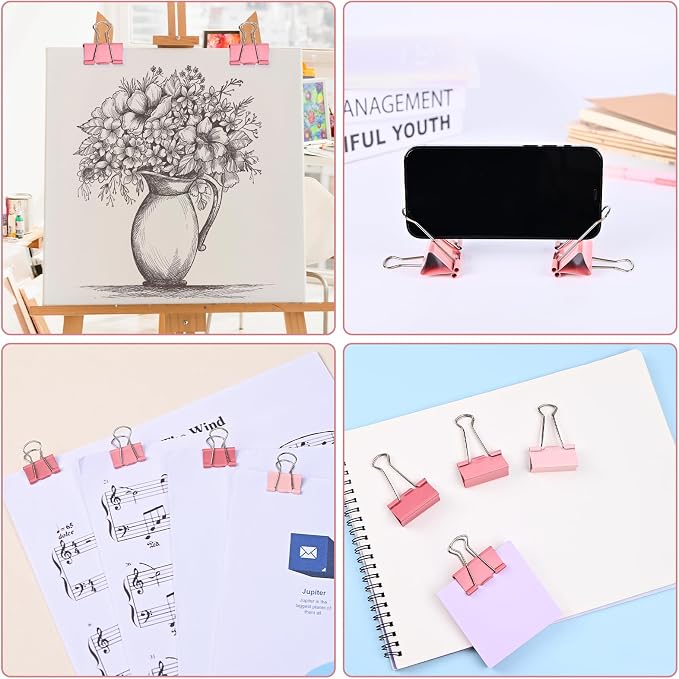 Temiary Aesthetic Binder Clips, Large Metal Binder Clip with Clear Storage Container, Binding Paperwork Clamps for School Teachers Office Supplies (Pink 1.6 Inch, 24P)