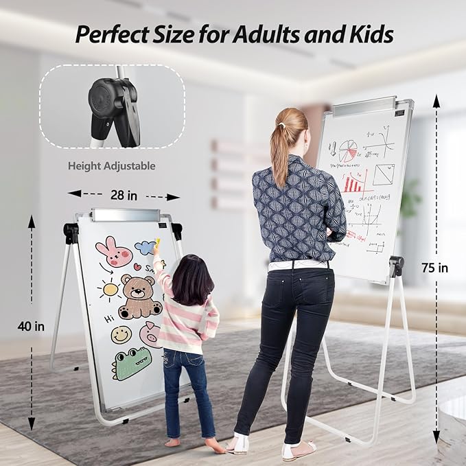 Stand White Board - 40 x 28 Inch Double Sided Magnetic Dry Erase Board with Stand Height Adjustable, Sturdy Aluminum Frame for Home Office Classroom Use