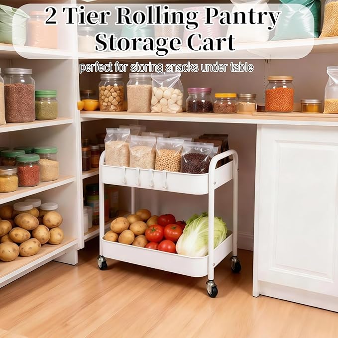 LIWNYRK 2 Tier Metal Rolling Cart with Wheels for Under Desk Storage & Pantry Storage, High Load-Bearing Kitchen Utility Cart for Small Space, Laundry Room Organization Side Table with 4 Hooks, White