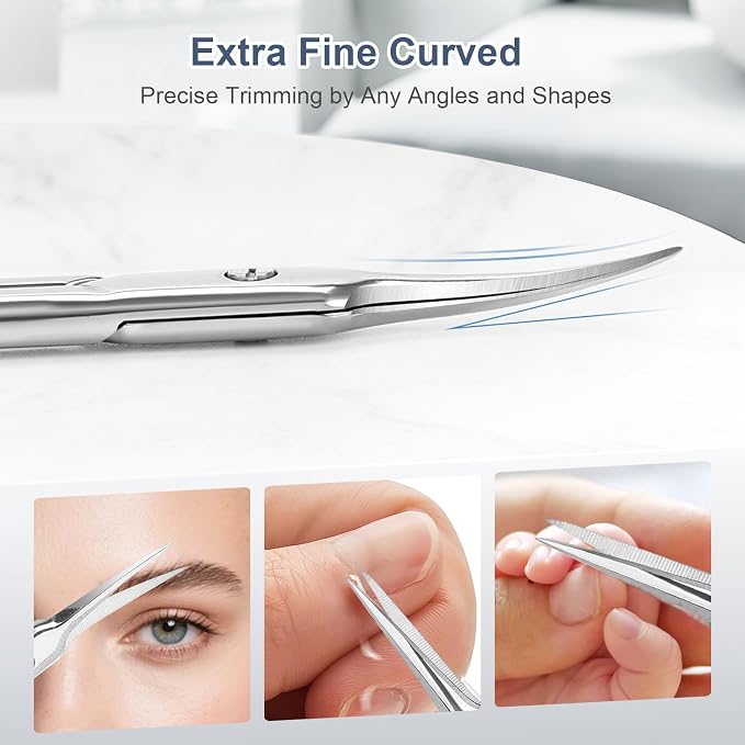 Cuticle Scissors, Curved Fine Tip, Men Women, Silver | Fine curved scissors for eyebrow, eyelash, cuticle and nail grooming. Small precision for manicure pedicure. Men women.
