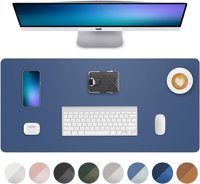 Leather Desk Pad Protector, Large Mouse Mat, Non-Slip Waterproof PU Leather Blotter, Office and Home Cover (Grey Blue, 36" x 17")