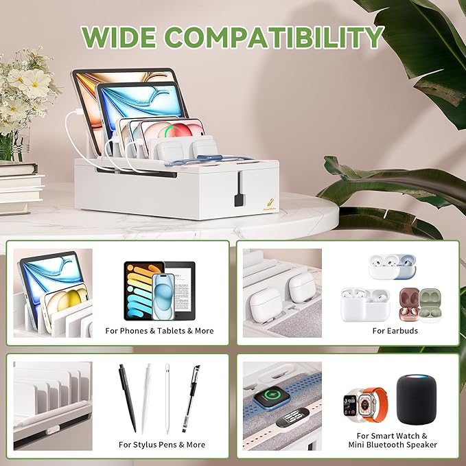 Pezin & Hulin Bamboo Charging Station for Multiple Devices, USB Charger Dock Organizer, with Power Supply (10 Ports HUB), 6 Cables, Cable Management Organizer for Cell Phones, Tablets -White