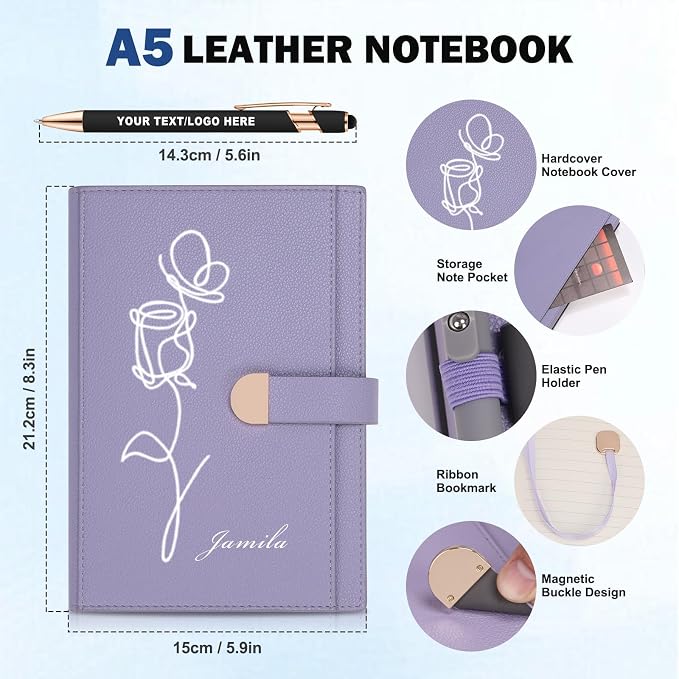 Lined ENOMY Personalized Notebook Set with 10PC Pens Custom Journal with Pen Holder Personalized Jouring Notebook for Writing Men Women Gift, Purple