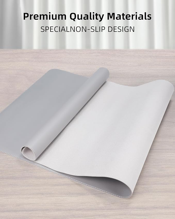 Leather Desk Pad Cover- 48" x 17" Office Desk Protector, Non-Slip PU Leather Mouse Pad, Waterproof Blotter Mat for Home (Light Grey)