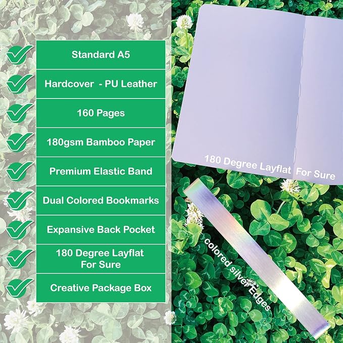 BUKE Dotted Notebook Journal 180GSM Bamboo Thick White Paper 160 Pages 5 * 5MM Dot Grid, Lay Flat Binding,Colored Silver Edges, Bookmarks and Expandable Back Pocket (BKP-9)