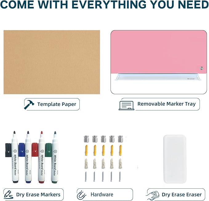J&J worldwide Magnetic Glass Whiteboard, Wall Mounted Glass Dry Erase Board 47 x 35 Inch, Pink Surface, Frameless with Markers, Magnets, Marker Tray, Eraser for Office, Home, School