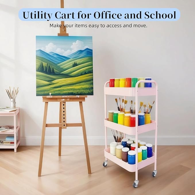 LIWNYRK 3 Tier Pink Rolling Cart for Nursery & Laundry Room with Handle & 4 Hooks, Metal Kitchen Storage Cart on Wheels and Lockable Casters, Large Capacity Sturdy Trolley for Lash Craft Bathroom