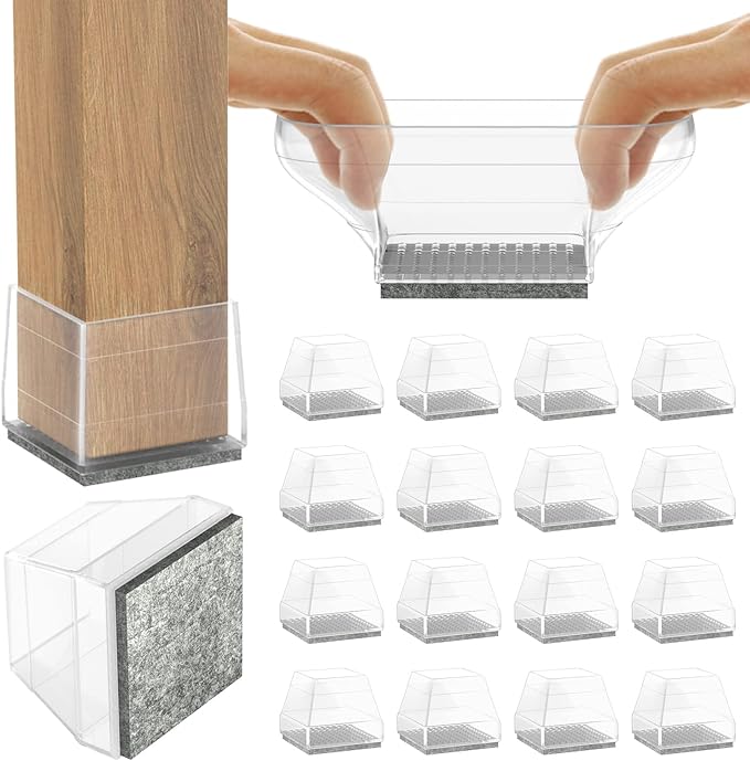Square Chair Leg Protectors for Hardwood Floors,16 Pcs Silicone Felt Furniture Legs Caps to Prevent Floor from Scratches and Reduce Noise, Easy to Move, (Fit: 2.25" -2.75" Clear).