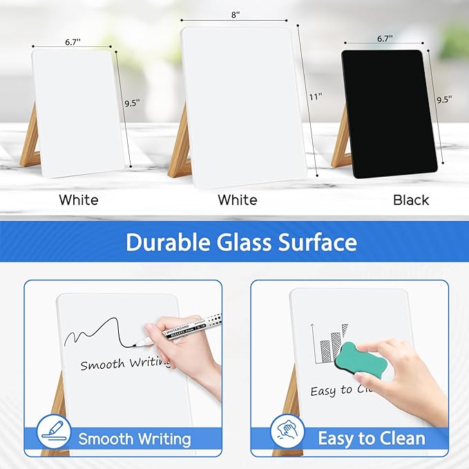 WALGLASS Desktop Glass White Board 9.5"x 6.7" with Reversible Wood Stand, Small Dry Erase Board, Portable Whiteboard for Desk, Reusable Desk Notepad with 2 Markers&Eraser for Home, Office