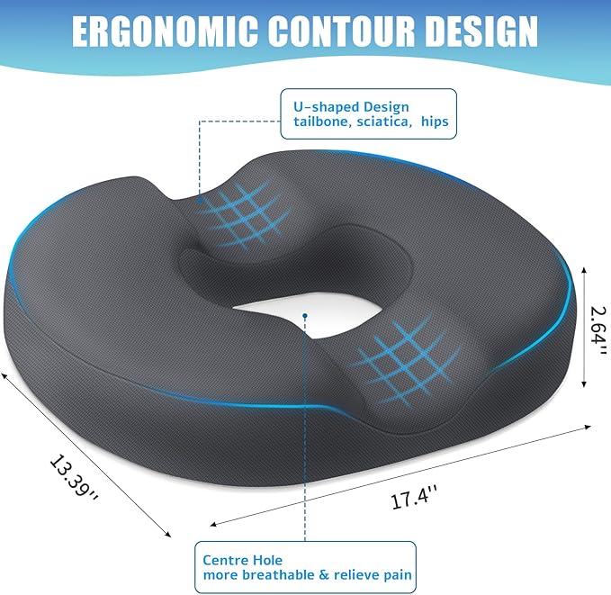 BlissTrends Donut Pillow Seat Cushion,Donut Chair Cushions for Postpartum Pregnancy & Hemorrhoids,Tailbone Pain Relief Cushion,Memory Foam Lifting Cushions for Office&Home Chairs (Grey)