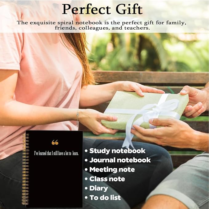 Quote Notebook with Pen Set "A Lot to Learn", A5 Spiral Inspirational Journal for Women Men, 160 Pages College Ruled Office Stationery, Growth Mindset Graduation Gift, Black & Gold